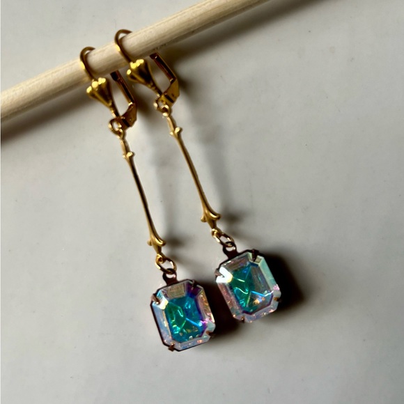 Hand Crafted Jewelry - Crystal Aurora Borealis Earrings w Art Deco Brass Findings